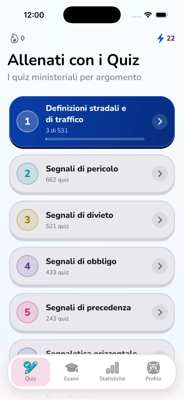 Schermata dell'app: elenco degli argomenti, con il primo argomento in corso